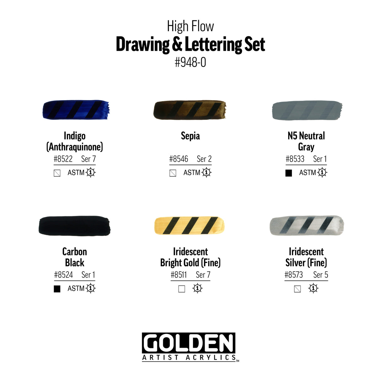 Golden High Flow Drawing & Lettering Set - 6 x 30 ml bottles