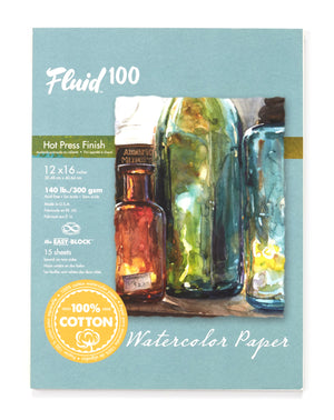 Fluid 100 Watercolour Paper Block 140 lb. Hot Press - 12" x 16"