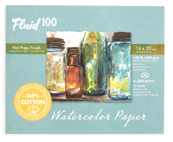Fluid 100 Watercolour Paper Block 140 lb. Hot Press - 16" x 20"