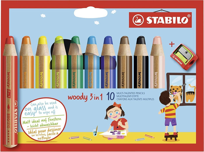 Stabilo Woody 3 in 1 Pencils 10-Colour Set with Sharpener