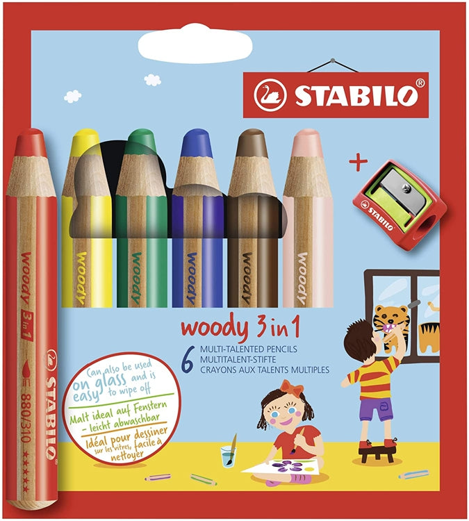 Stabilo Woody 3 in 1 Pencils 6-Colour Set with Sharpener
